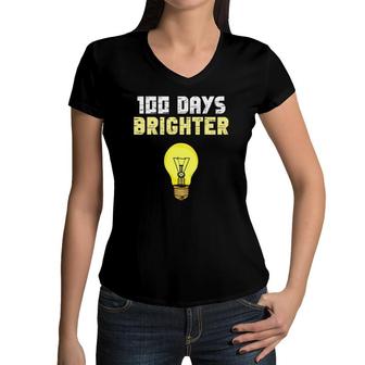 100 Days Brighter Light Bulbs Smart Kid 100Th Day Of School Women V-Neck T-Shirt | Mazezy