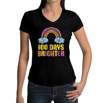 100 Days Brighter Rainbow Cute 100Th Day School Smarter Girl Women V-Neck T-Shirt | Mazezy