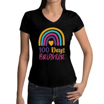 100 Days Brighter Teacher Girls 100 Days Of School Rainbow Women V-Neck T-Shirt | Mazezy
