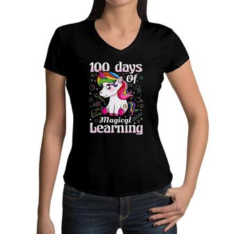 100 Days Of Magical Learning 100Th Day Of School Unicorn Kid Women V-Neck T-Shirt | Mazezy