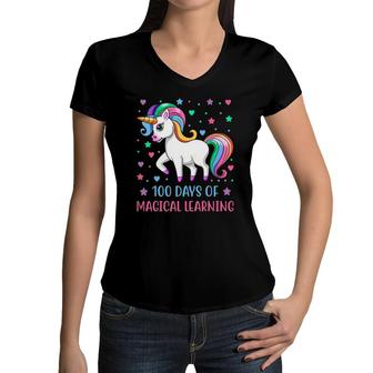 100 Days Of Magical Learning Unicorn 100 Days Of School Girl Women V-Neck T-Shirt | Mazezy