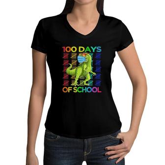 100 Days Of School Dinosaur Trex Wearing Smarter Kids Women V-Neck T-Shirt - Seseable