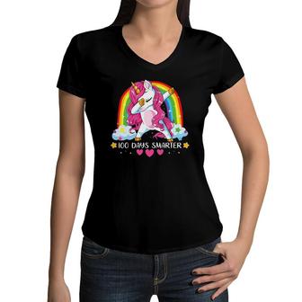 100 Days Smarter 100Th Day Of School Girls Princess Unicorn Women V-Neck T-Shirt | Mazezy