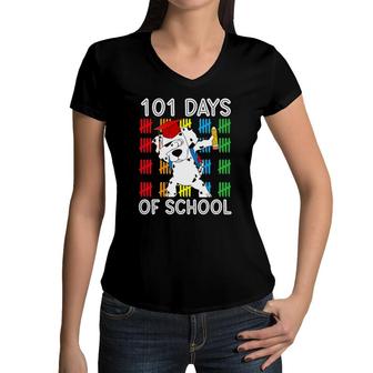 101 Days Of School Dalmatian Dog 100 Days Smarter Boys Girls Women V-Neck T-Shirt | Mazezy