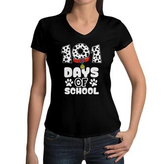 101 Days Smarter Dalmation Dog Teachers Kids Women V-Neck T-Shirt | Mazezy