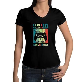 10th Birthday Gift Level 10 Unlocked Awesome 2012 Video Game Women V-Neck T-Shirt - Seseable