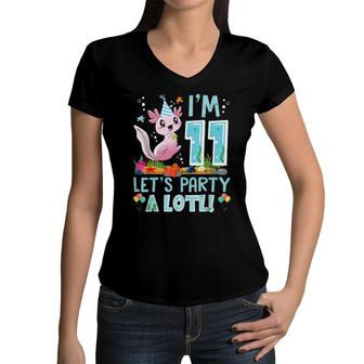 11 Years Old Axolotl 11Th Birthday Party Boys Girls Women V-Neck T-Shirt | Mazezy