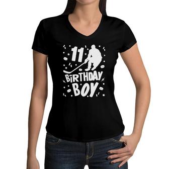 11Th Birthday Boy Ice Hockey Kids 11 Years Old Party Gift Women V-Neck T-Shirt | Mazezy