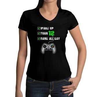 12th Birthday Gamer Level 12 Unlocked Gamer Birthday Women V-Neck T-Shirt - Seseable