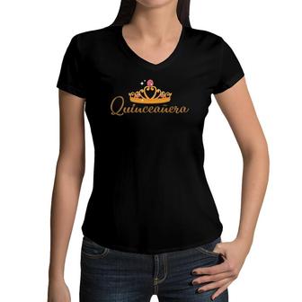 15 Years Old Quinceanera Crown Birthday Girl Cute Women V-Neck T-Shirt | Mazezy