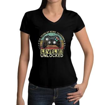 18th Video Gamer Birthday Gift Level 18 Unlocked Funny Gamer Star Cute Women V-Neck T-Shirt - Seseable