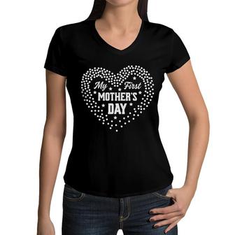 My First Mothers Day Heart Star First Mothers Day 2022 Gift For Mom Women V-Neck T-Shirt