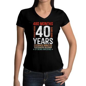 40Th Birthday Gifts 40 Years Old 480 Months Retro Vintage Women V-Neck T-Shirt - Seseable