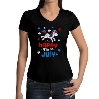 4Th Of July Cute Unicorn Girls American Flag Women V-Neck T-Shirt | Mazezy