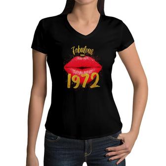50Th Birthday Gift Fabulous Since 1972 Red Lips Women V-Neck T-Shirt - Seseable