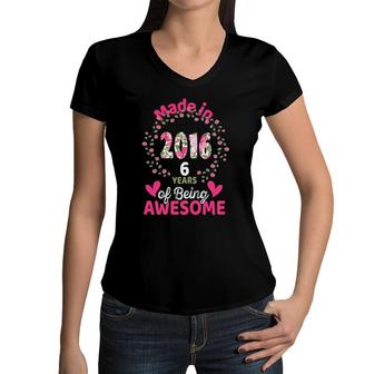 6 Years Old 6Th Birthday Born In 2016 Women Girls Floral Women V-Neck T-Shirt | Mazezy