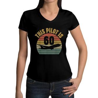60 Year Old Airplane Pilot 60Th Birthday Aviation Bday Party Women V-Neck T-Shirt - Seseable