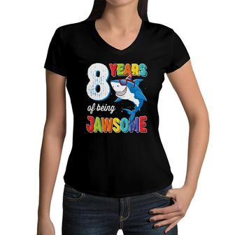 8 Years Old Boys Kids Jawsome Shark 8Th Birthday Women V-Neck T-Shirt | Mazezy
