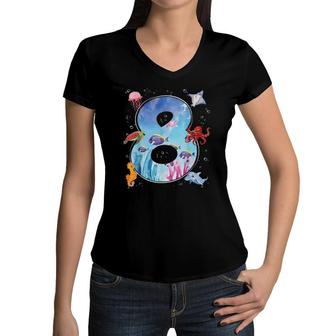 8Th Birthday Party 8 Years Old Sea Fish Aquarium Boy Women V-Neck T-Shirt | Mazezy