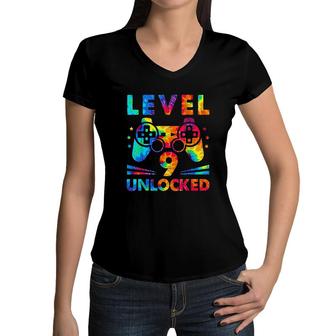 9 Year Old 9th Birthday Gamer Tie Dye Boys Men Level Women V-Neck T-Shirt - Seseable