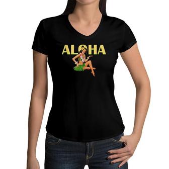 Aloha Hawaiian Retro Vintage Pin Up Girl Hawaii Women V-Neck T-Shirt | Mazezy