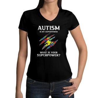 Autism Is My Superpower Cool Autism Awareness Gifts For Kids Women V-Neck T-Shirt | Mazezy