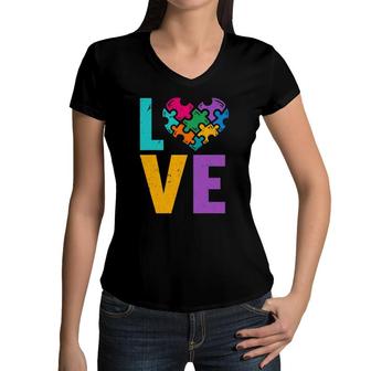 Autistic Kids Puzzle Pieces Heart Love Autism Awareness Women V-Neck T-Shirt | Mazezy