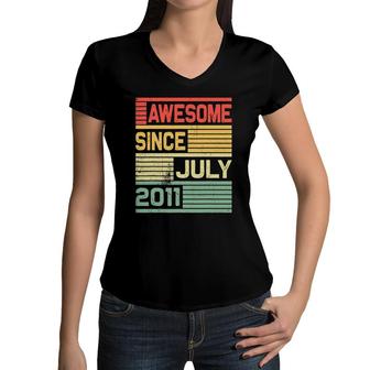 Awesome Since July 2011 Vintage 10Th Birthday Gift Kid Women V-Neck T-Shirt | Mazezy