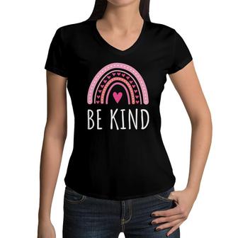 Be Kind Heart Rainbow Valentine's Day Girls Womens Women V-Neck T-Shirt | Mazezy