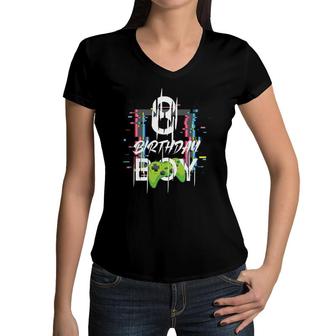 Birthday Boy 8 Years Old Gamer Matching Party Women V-Neck T-Shirt | Mazezy