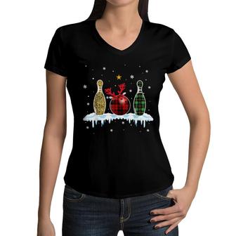 Bowling Christmas Pajama Red Plaid Xmas Boys Women V-Neck T-Shirt | Mazezy