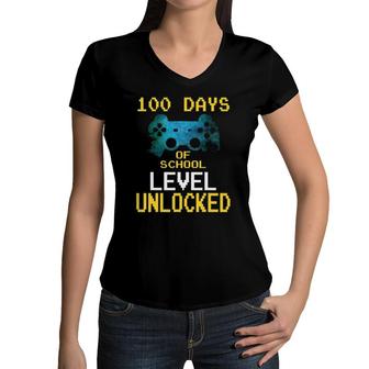 Boys 100 Days Of School Gamer Video Games Level Unlocked Women V-Neck T-Shirt | Mazezy