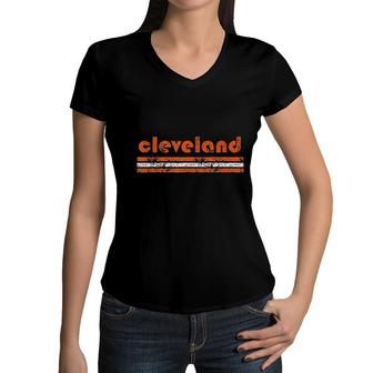 Cleveland Ohio Vintage Three Stripe Weathered Women V-Neck T-Shirt - Seseable