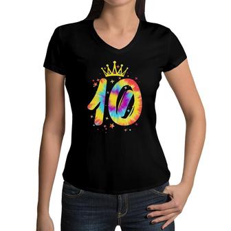 Colorful Tie Dye Tenth 10 Years Old Girls 10Th Birthday Gift Women V-Neck T-Shirt | Mazezy