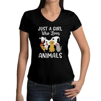 Cow Dog Chicken Cat Just A Girl Who Loves Animals Women V-Neck T-Shirt | Mazezy