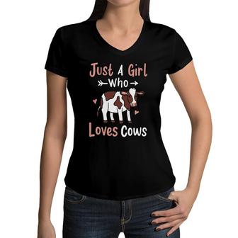 Cow Just A Girl Who Loves Cows Gift For Cow Lovers Women V-Neck T-Shirt | Mazezy