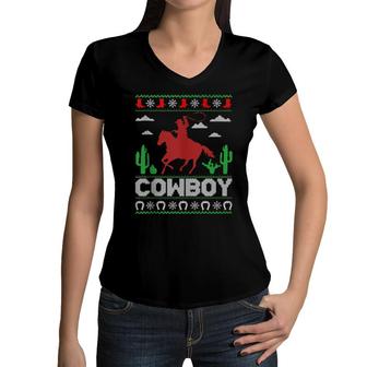 Cowboy Ride Horse Ugly Cowboy Christmas Women V-Neck T-Shirt | Mazezy