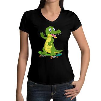 Crocodile With A Skateboard, Skateboarding Skater Boy Women V-Neck T-Shirt | Mazezy