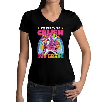 Crush 3Rd Grade Dabbing Unicorn Back To School Girls Gift Women V-Neck T-Shirt | Mazezy
