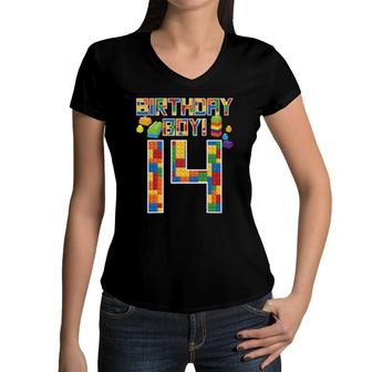 Cute 14Th Birthday Gift 14 Years Old Block Building Boy Kid Women V-Neck T-Shirt | Mazezy