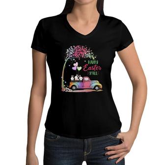 Cute Bunnies With Truck Happy Easter Y'all For Kids Girls Women V-Neck T-Shirt | Mazezy