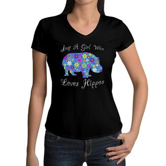 Cute Hippopotamus Gifts Women - Just A Girl Who Loves Hippos Women V-Neck T-Shirt | Mazezy