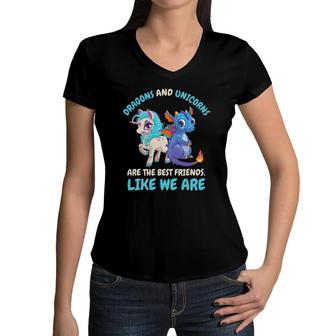 Cute Kids Dragons And Unicorns Best Friends Friendship Gift Women V-Neck T-Shirt | Mazezy