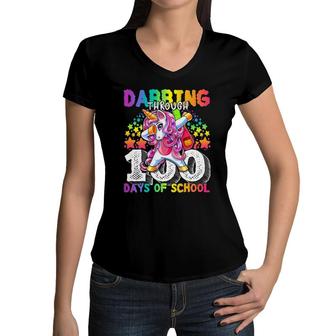 Dabbing Through 100 Days Of School Dabbing Unicorn Girls Women V-Neck T-Shirt | Mazezy