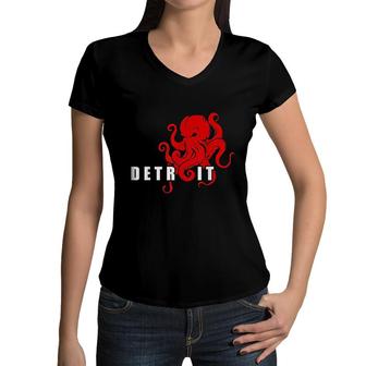 Detroit Michigan Octopus Kraken Downtown Motor City Women V-Neck T-Shirt - Seseable