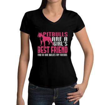 Distressed Pitbull Girls Best Friend No One Bullies Friends Women V-Neck T-Shirt | Mazezy