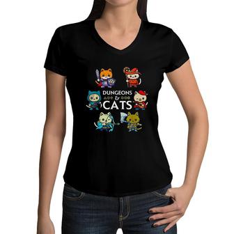 Dungeons And Cats RPG D20 Dice Nerdy Fantasy Gamer Cat Gift Women V-Neck T-Shirt - Seseable