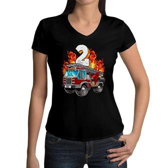 Firefighter 2Nd Birthday Fireman And Firetruck Birthday Boys Women V-Neck T-Shirt | Mazezy