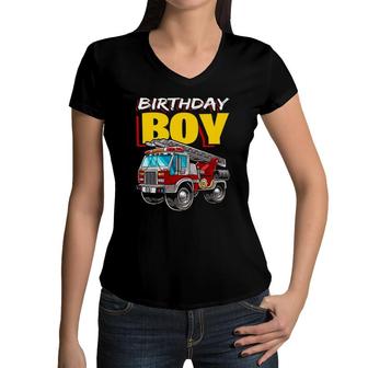 Firefighter Birthday Boy Matching Family Fireman Fire Truck Women V-Neck T-Shirt | Mazezy