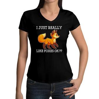 Fox Cute Funny Red Wild Foxes Tee Boy Girl Women Men Youth Women V-Neck T-Shirt | Mazezy